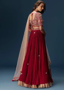 Red Bridesmaid Lehenga With Half Sleeve Embroidered Blouse And Dupatta