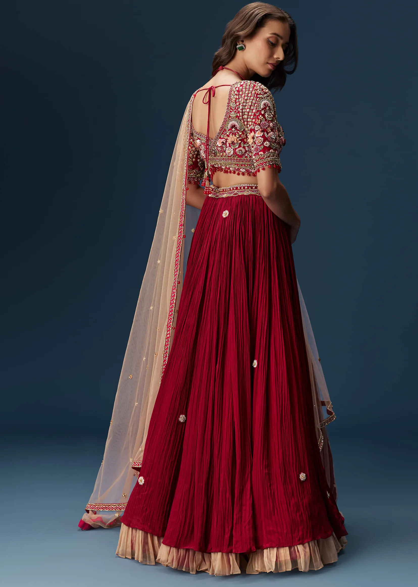 Red Bridesmaid Lehenga With Half Sleeve Embroidered Blouse And Dupatta
