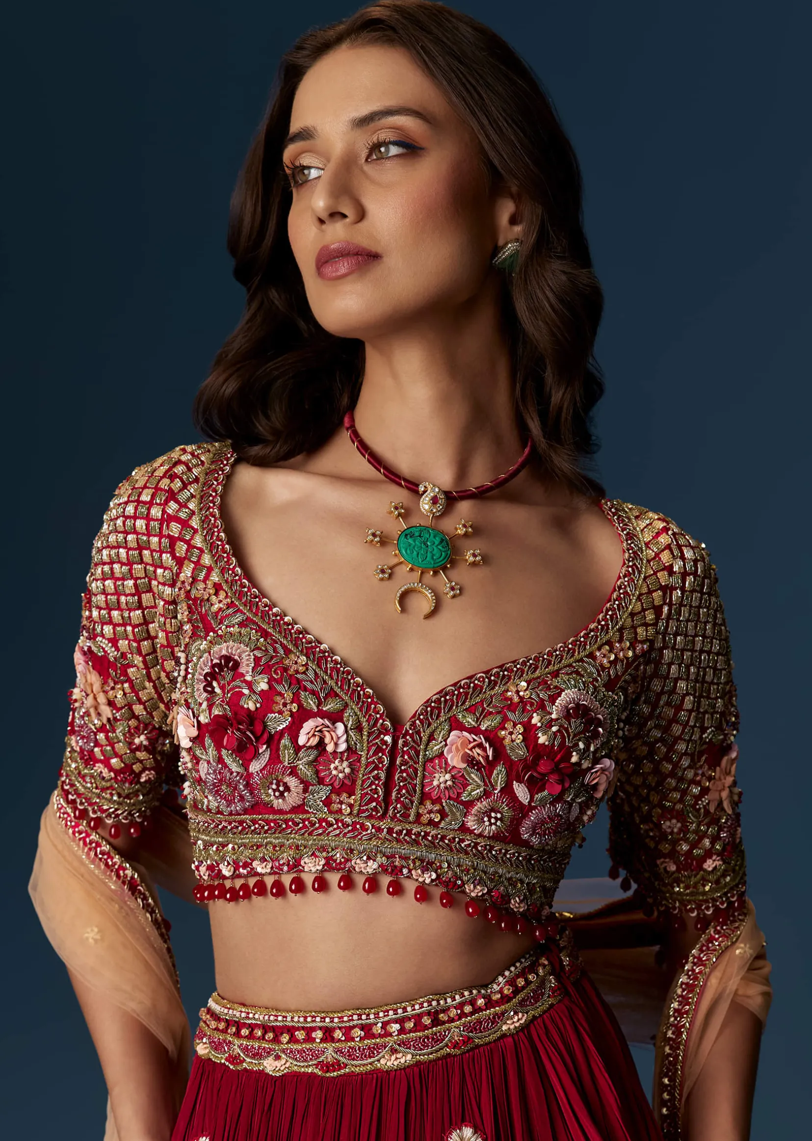 Red Bridesmaid Lehenga With Half Sleeve Embroidered Blouse And Dupatta