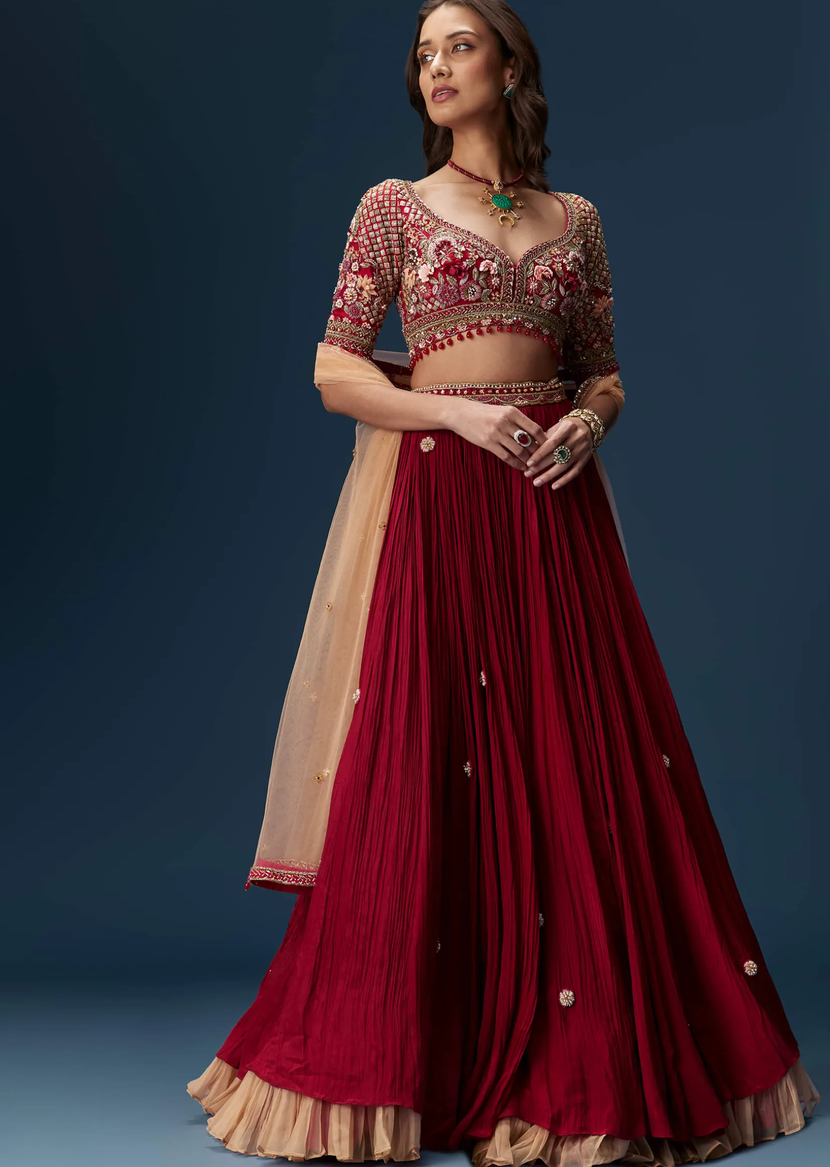 Red Bridesmaid Lehenga With Half Sleeve Embroidered Blouse And Dupatta