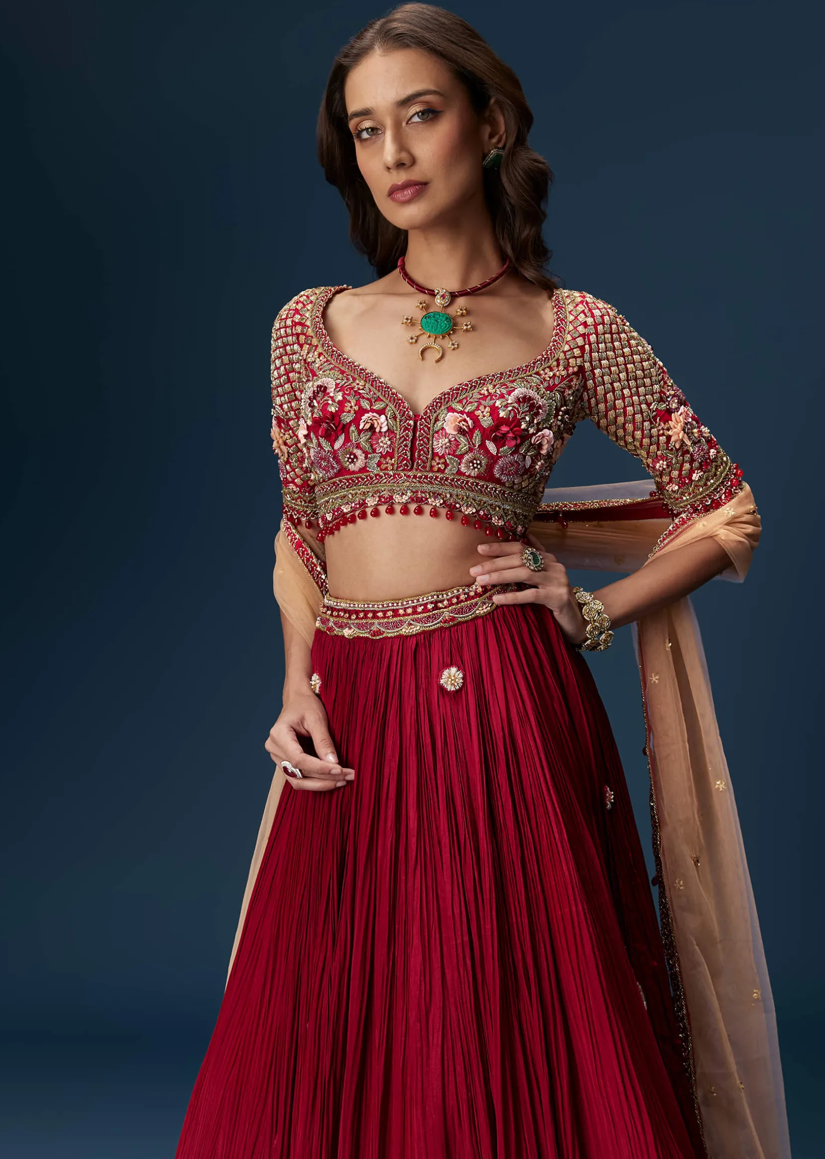Red Bridesmaid Lehenga With Half Sleeve Embroidered Blouse And Dupatta