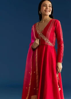 Red Chanderi Angrakha Style Kurta With Zardosi Butti Dupatta