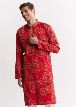 Red Chanderi Printed Kurta Set With Sequins Embroidery