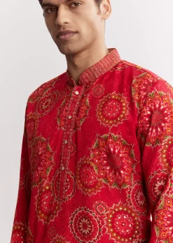 Red Chanderi Printed Kurta Set With Sequins Embroidery