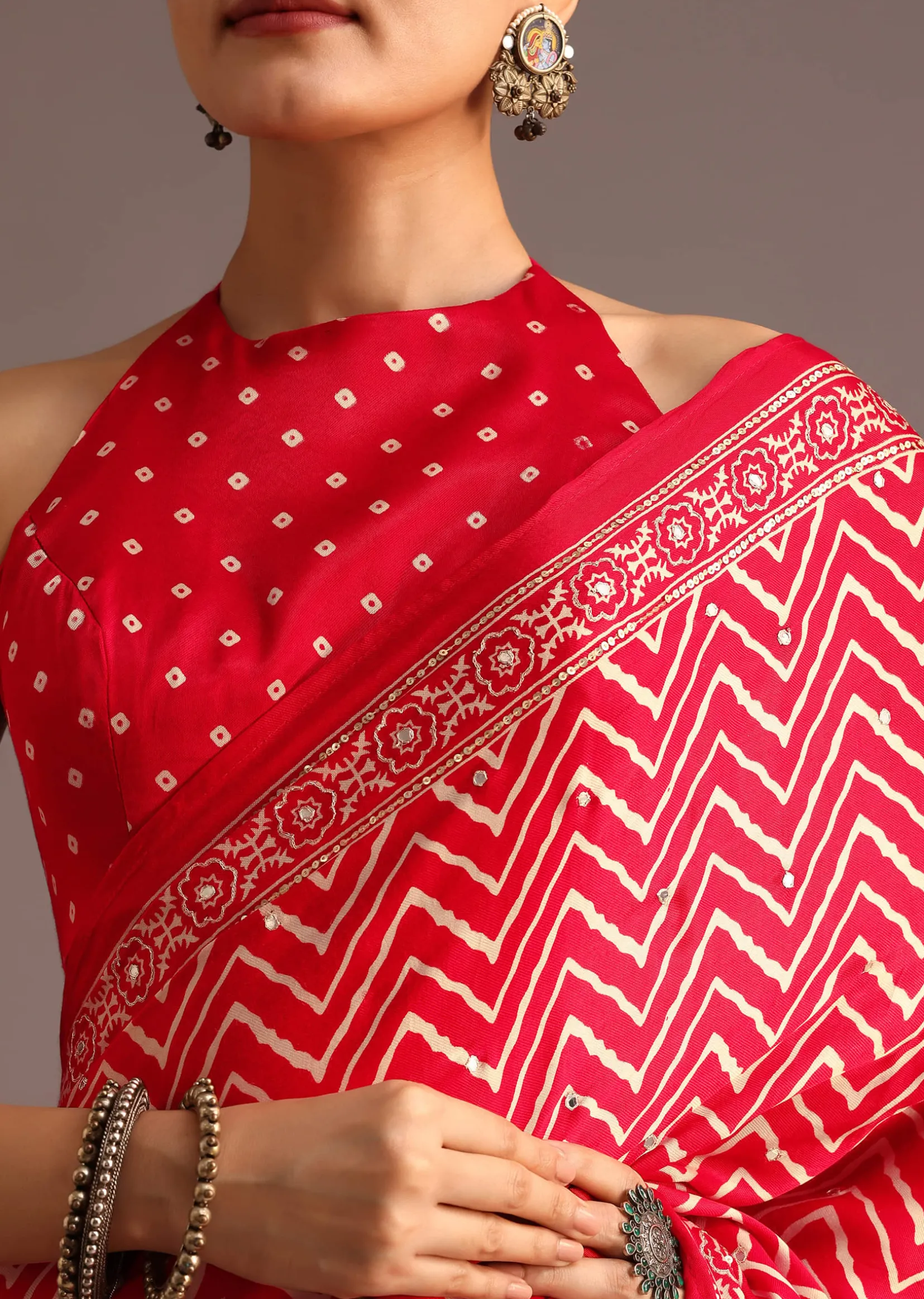 Red Chevron Printed Satin Saree