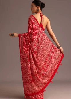 Red Chevron Printed Satin Saree