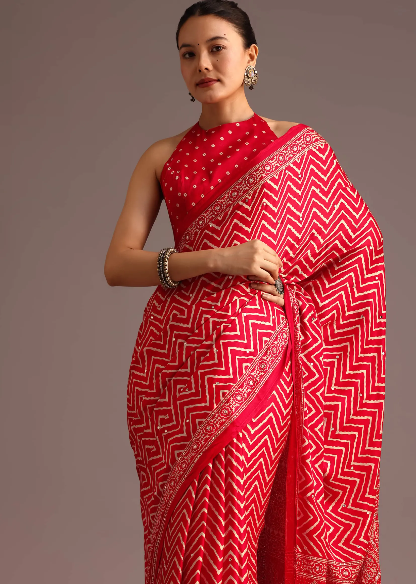 Red Chevron Printed Satin Saree