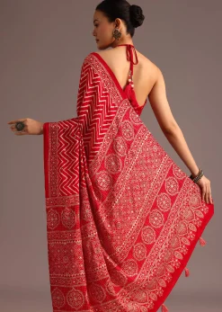 Red Chevron Printed Satin Saree