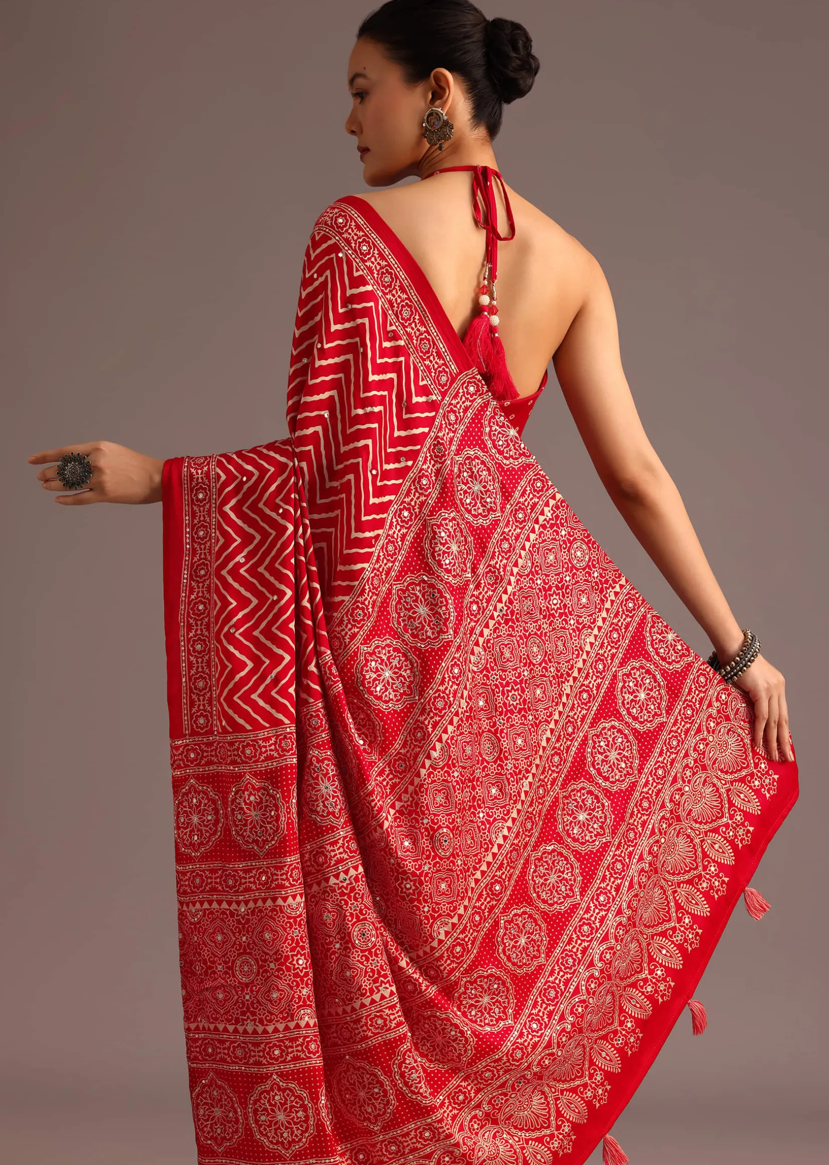 Red Chevron Printed Satin Saree