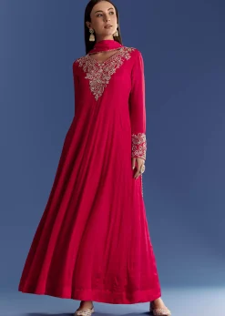 Red Chinon Anarkali With Moti And Gotta Lace Dupatta
