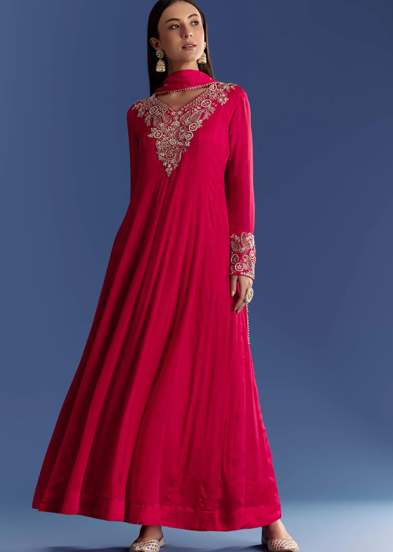 Red Chinon Anarkali With Moti And Gotta Lace Dupatta