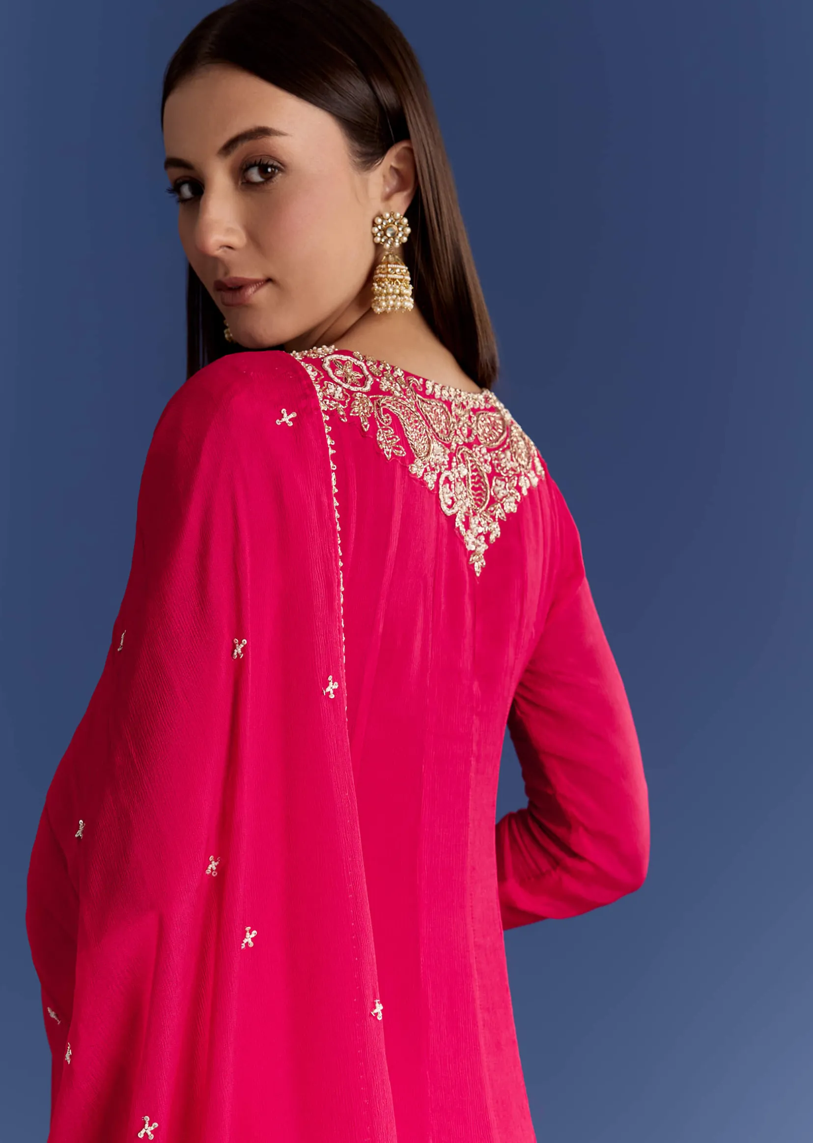 Red Chinon Anarkali With Moti And Gotta Lace Dupatta