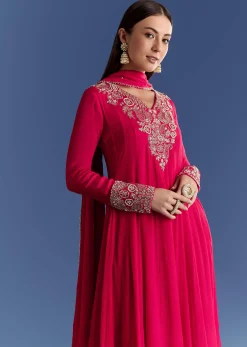 Red Chinon Anarkali With Moti And Gotta Lace Dupatta