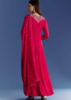 Red Chinon Anarkali With Moti And Gotta Lace Dupatta