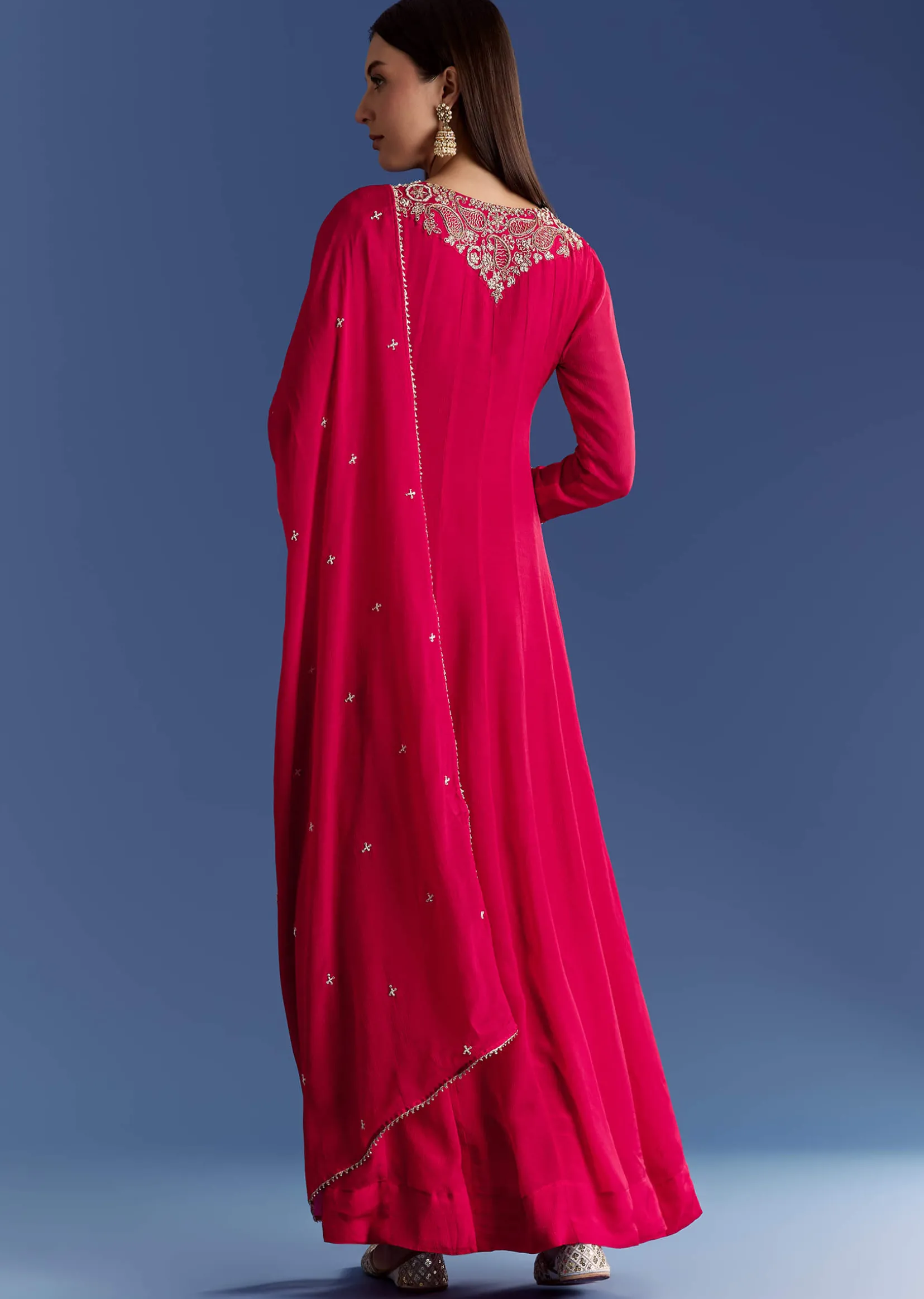 Red Chinon Anarkali With Moti And Gotta Lace Dupatta