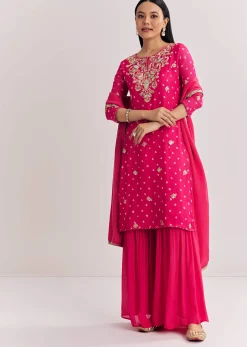 Red Chinon Asymmetrical Kurta Palazzo Suit With Embroidery