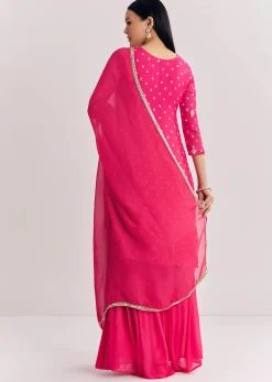 Red Chinon Asymmetrical Kurta Palazzo Suit With Embroidery