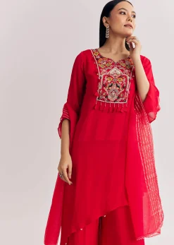 Red Chinon Asymmetrical Palazzo Suit With Embroidery