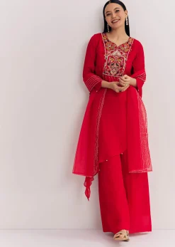 Red Chinon Asymmetrical Palazzo Suit With Embroidery