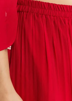Red Chinon Asymmetrical Palazzo Suit With Embroidery