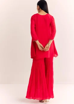Red Chinon Flared Kurta Sharara With Thread Work