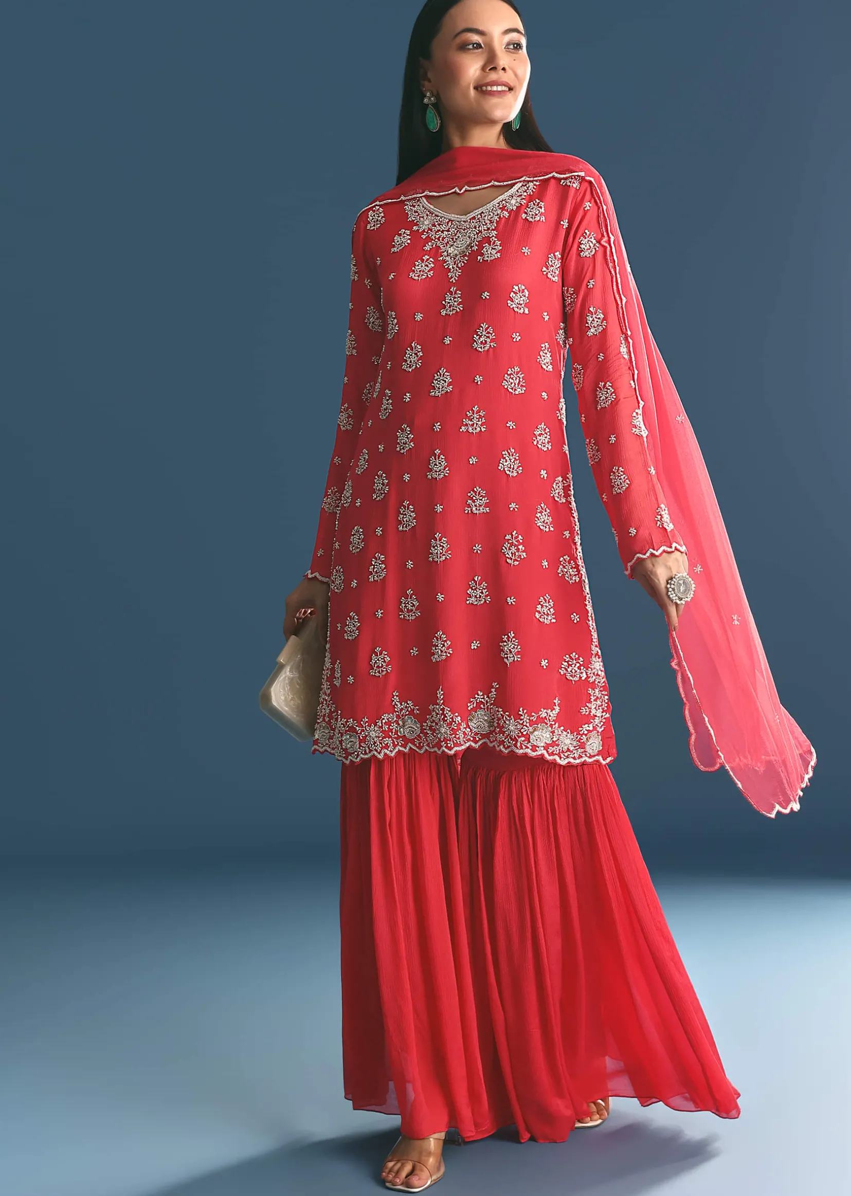 Red Chinon Kurta Sharara Suit With Moti And Cutdana Work
