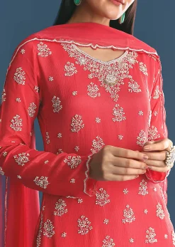 Red Chinon Kurta Sharara Suit With Moti And Cutdana Work