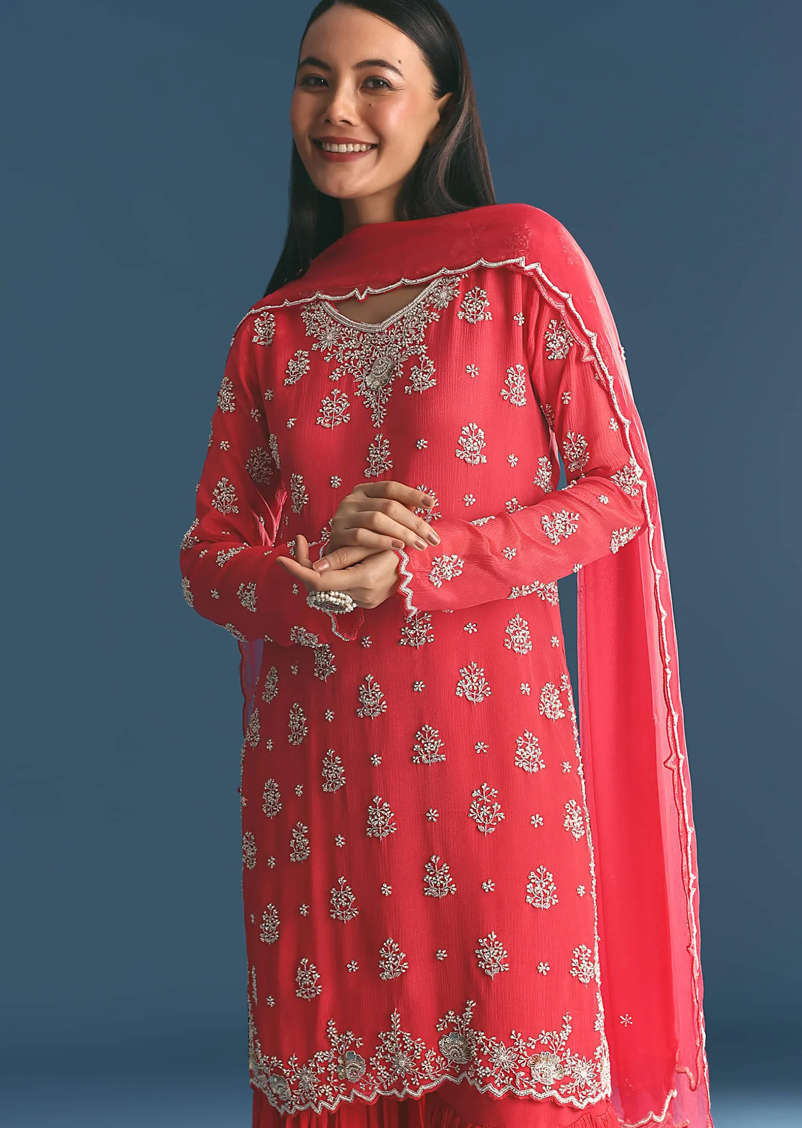 Red Chinon Kurta Sharara Suit With Moti And Cutdana Work