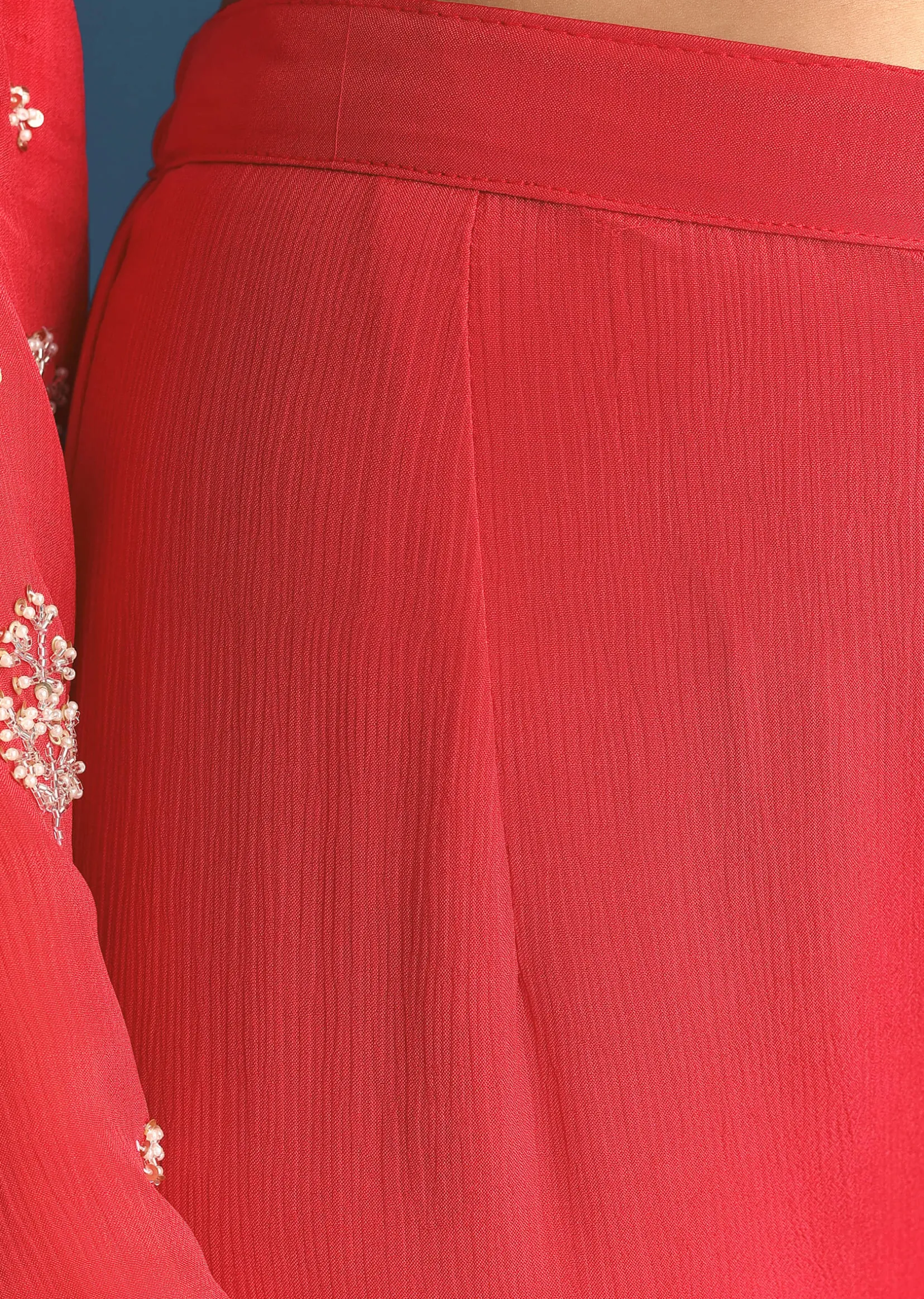 Red Chinon Kurta Sharara Suit With Moti And Cutdana Work