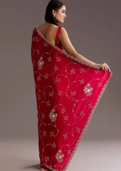 Red Chinon Saree With Floral Cutdana Sequins Jaal And Scallop Border