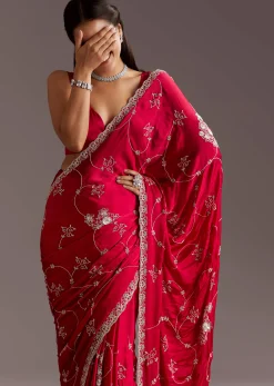 Red Chinon Saree With Floral Cutdana Sequins Jaal And Scallop Border