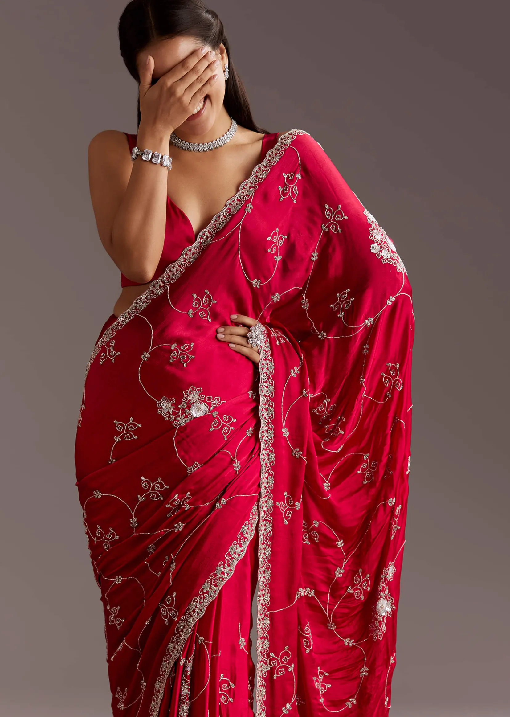 Red Chinon Saree With Floral Cutdana Sequins Jaal And Scallop Border