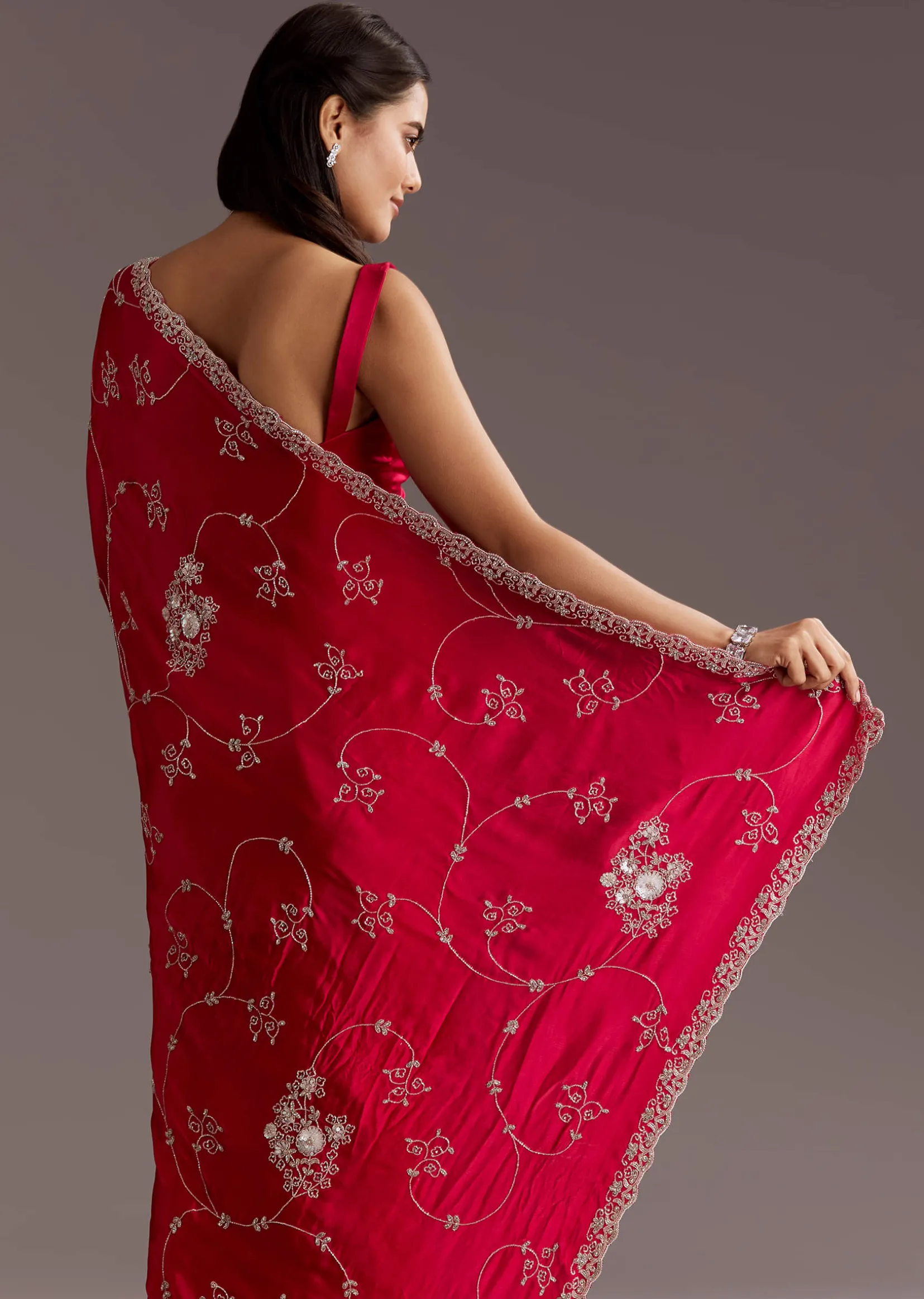 Red Chinon Saree With Floral Cutdana Sequins Jaal And Scallop Border