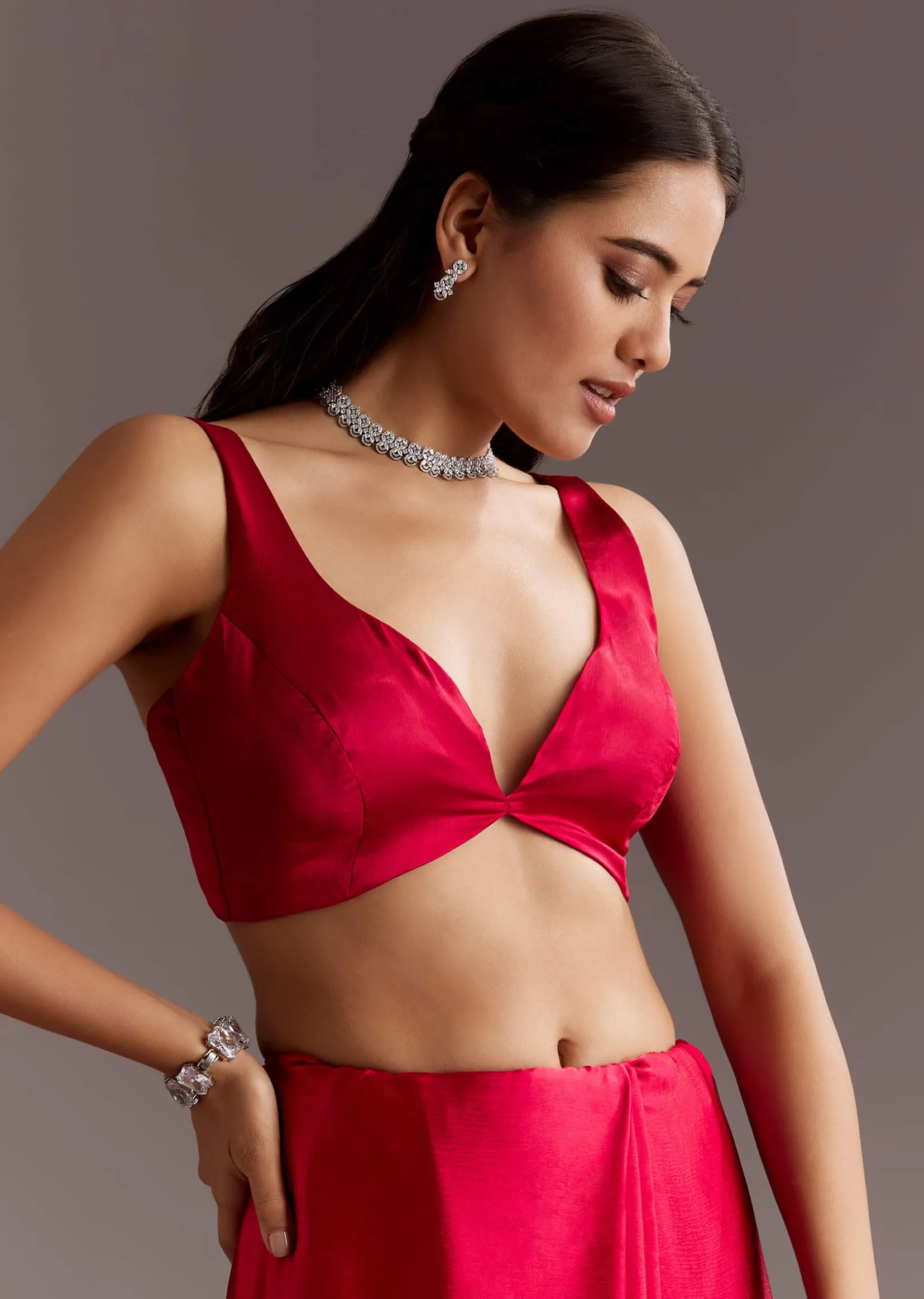 Red Chinon Saree With Floral Cutdana Sequins Jaal And Scallop Border