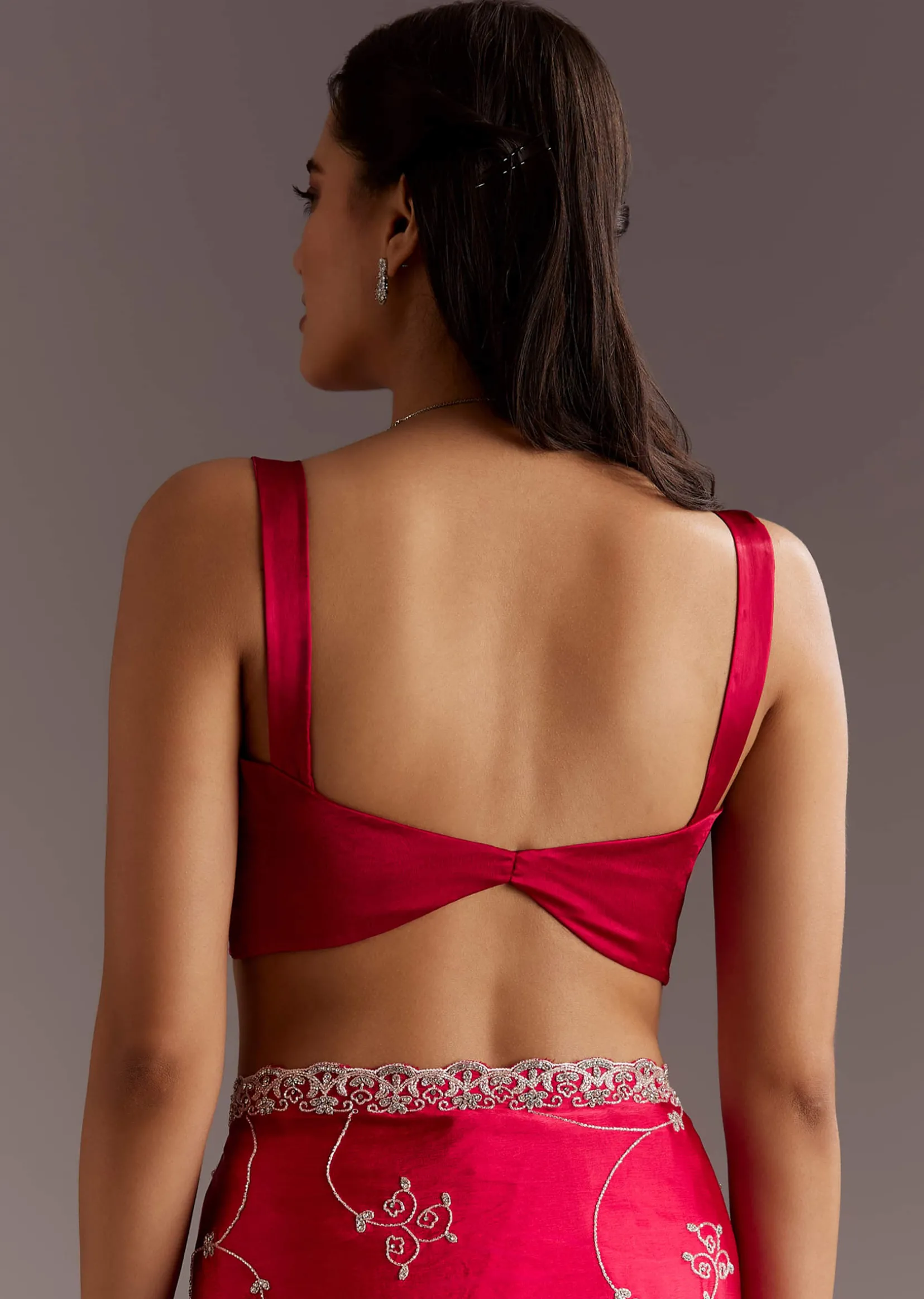 Red Chinon Saree With Floral Cutdana Sequins Jaal And Scallop Border