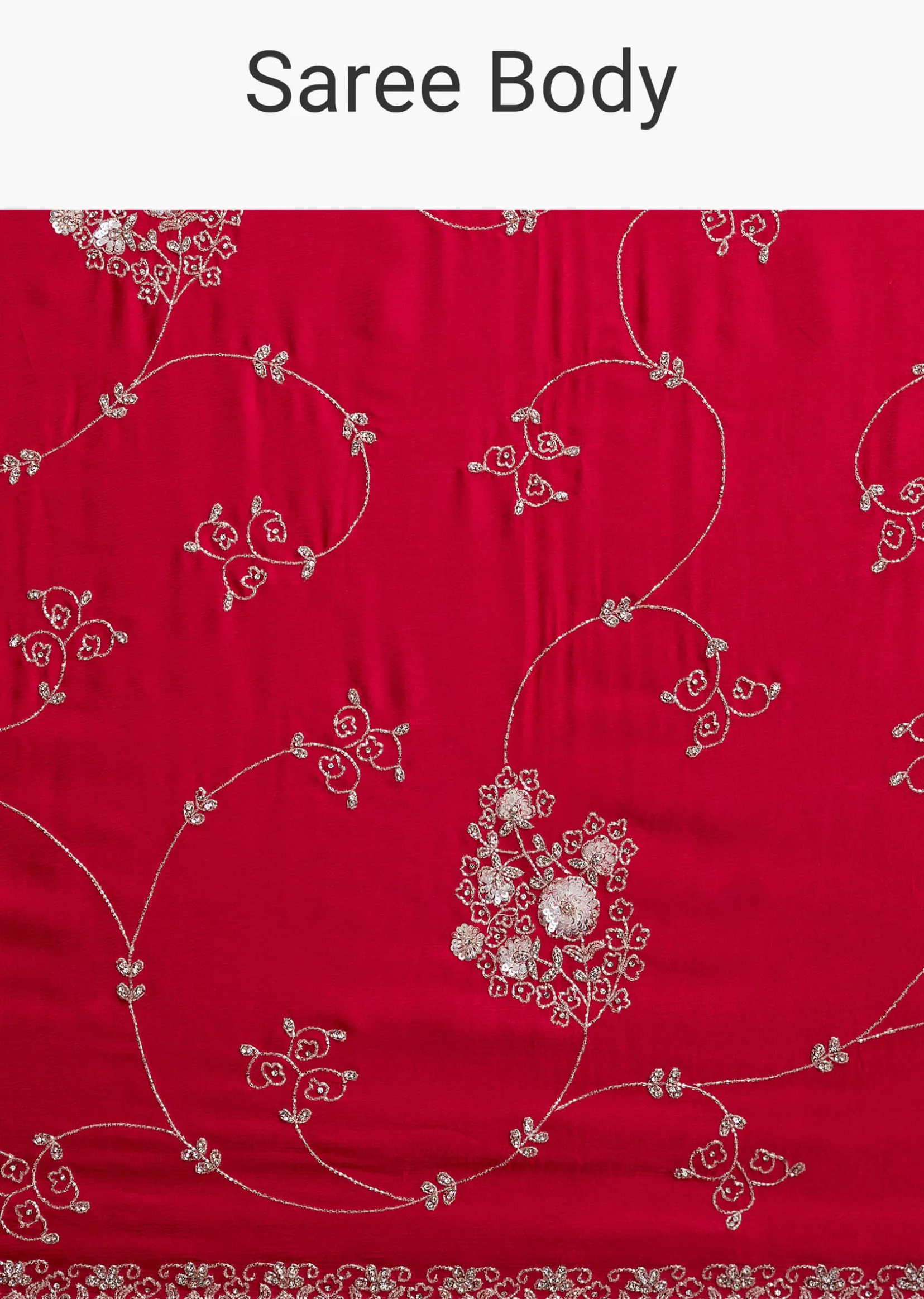 Red Chinon Saree With Floral Cutdana Sequins Jaal And Scallop Border