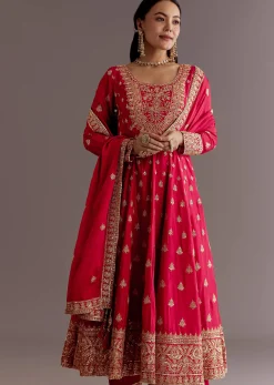Red Chinon Zari Sequin Anarkali Suit With Dupatta