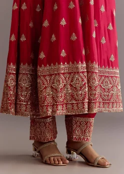Red Chinon Zari Sequin Anarkali Suit With Dupatta