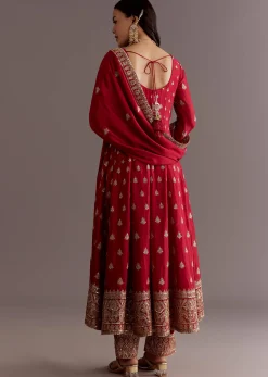 Red Chinon Zari Sequin Anarkali Suit With Dupatta