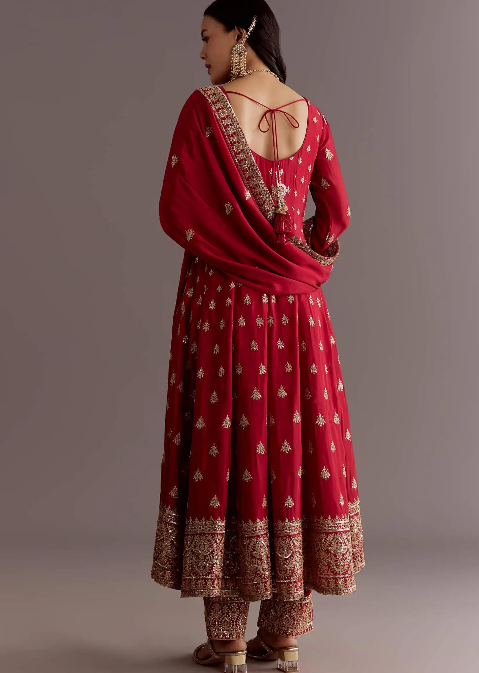 Red Chinon Zari Sequin Anarkali Suit With Dupatta