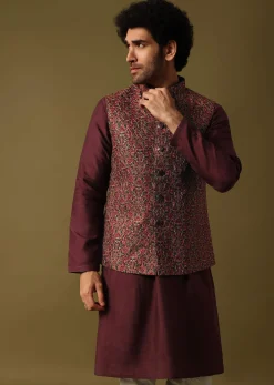 Red Cotton Kurta Jacket Set With Resham Work For Men