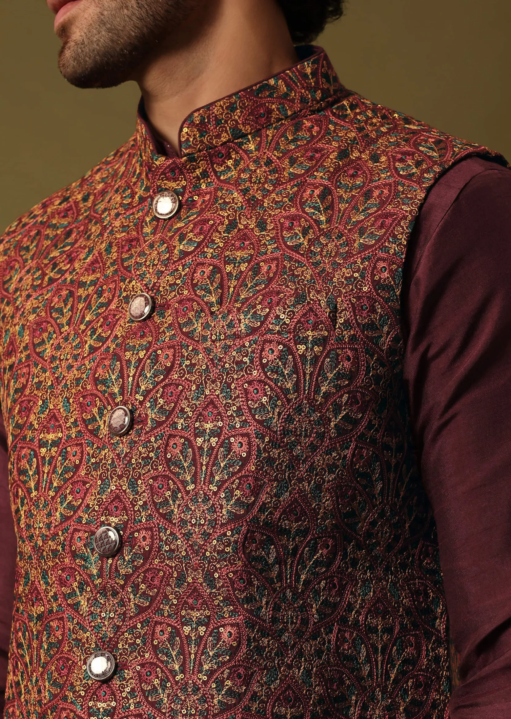 Red Cotton Kurta Jacket Set With Resham Work For Men