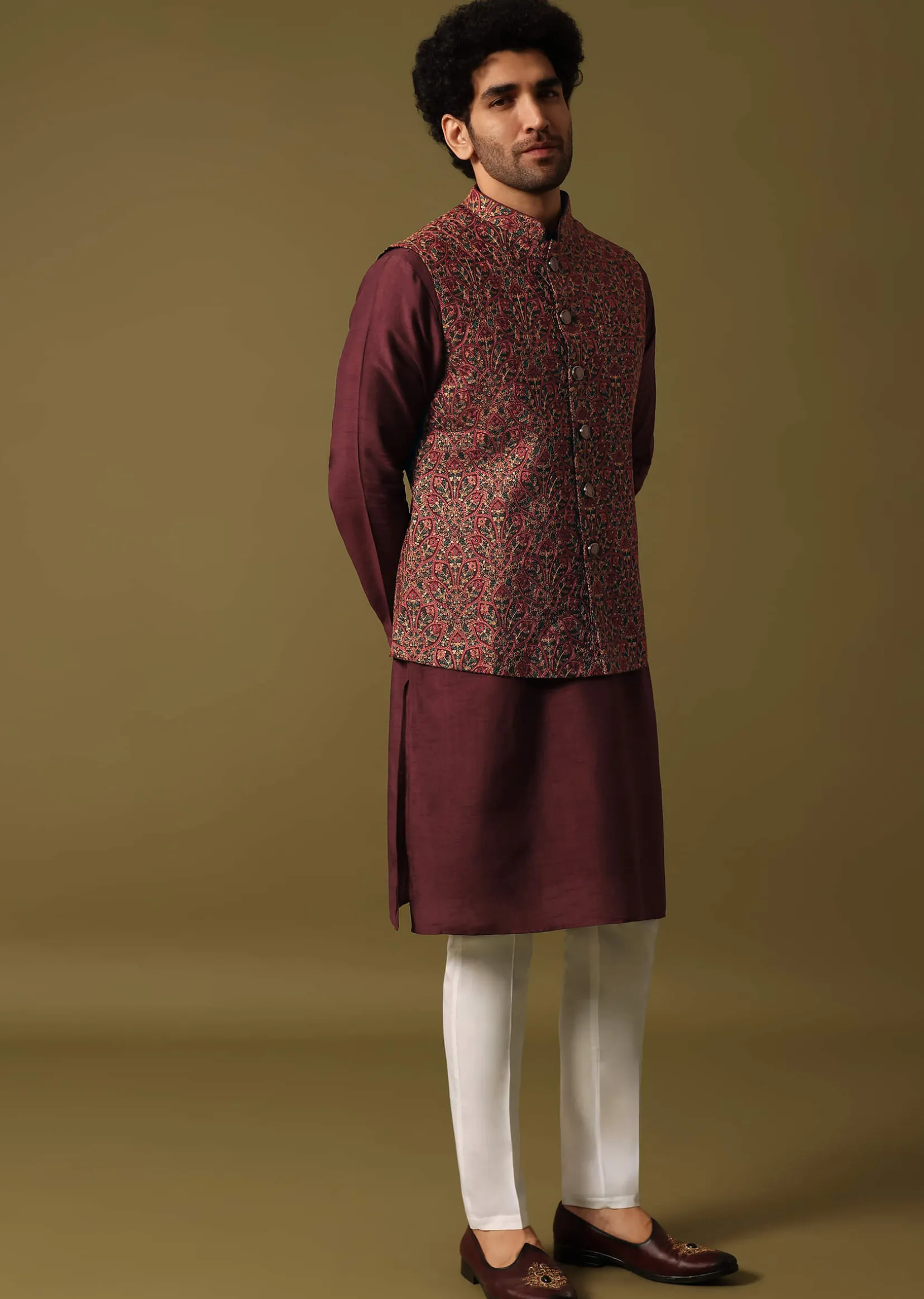 Red Cotton Kurta Jacket Set With Resham Work For Men