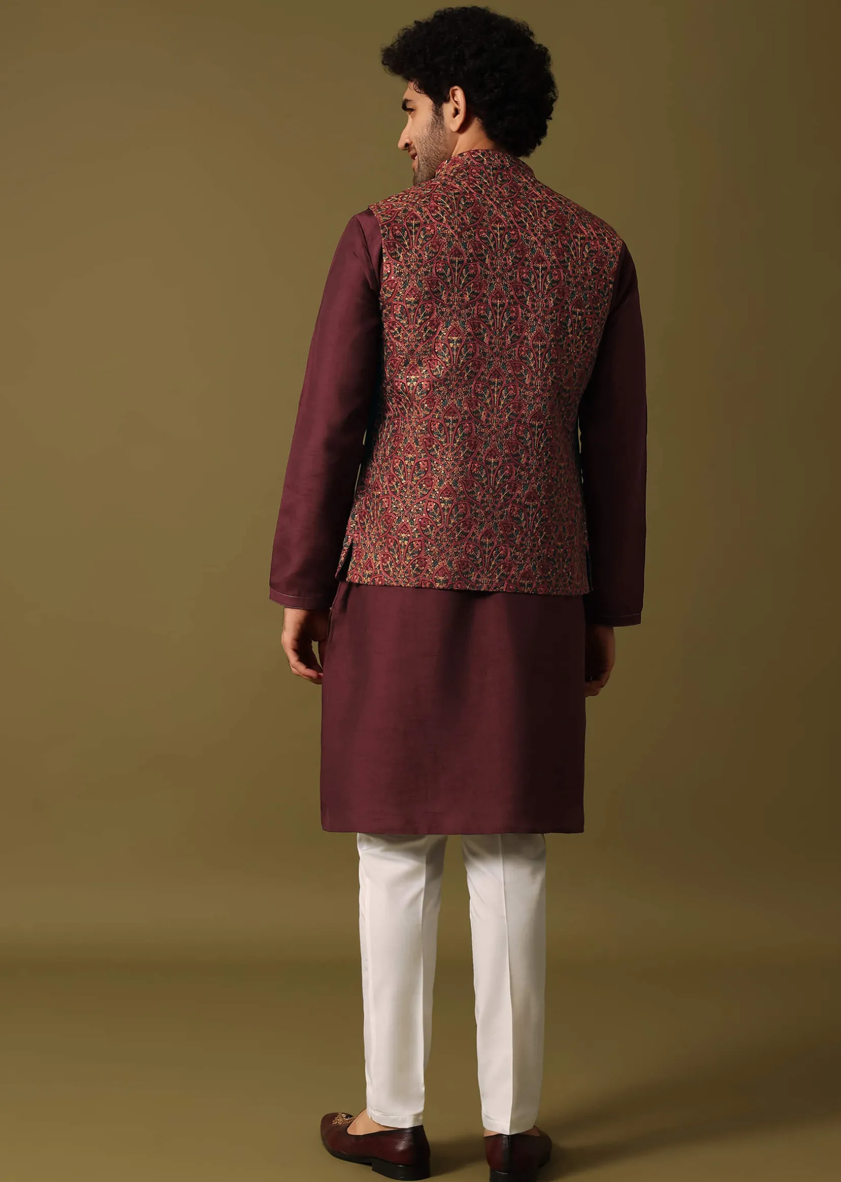 Red Cotton Kurta Jacket Set With Resham Work For Men