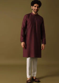Red Cotton Kurta Jacket Set With Resham Work For Men