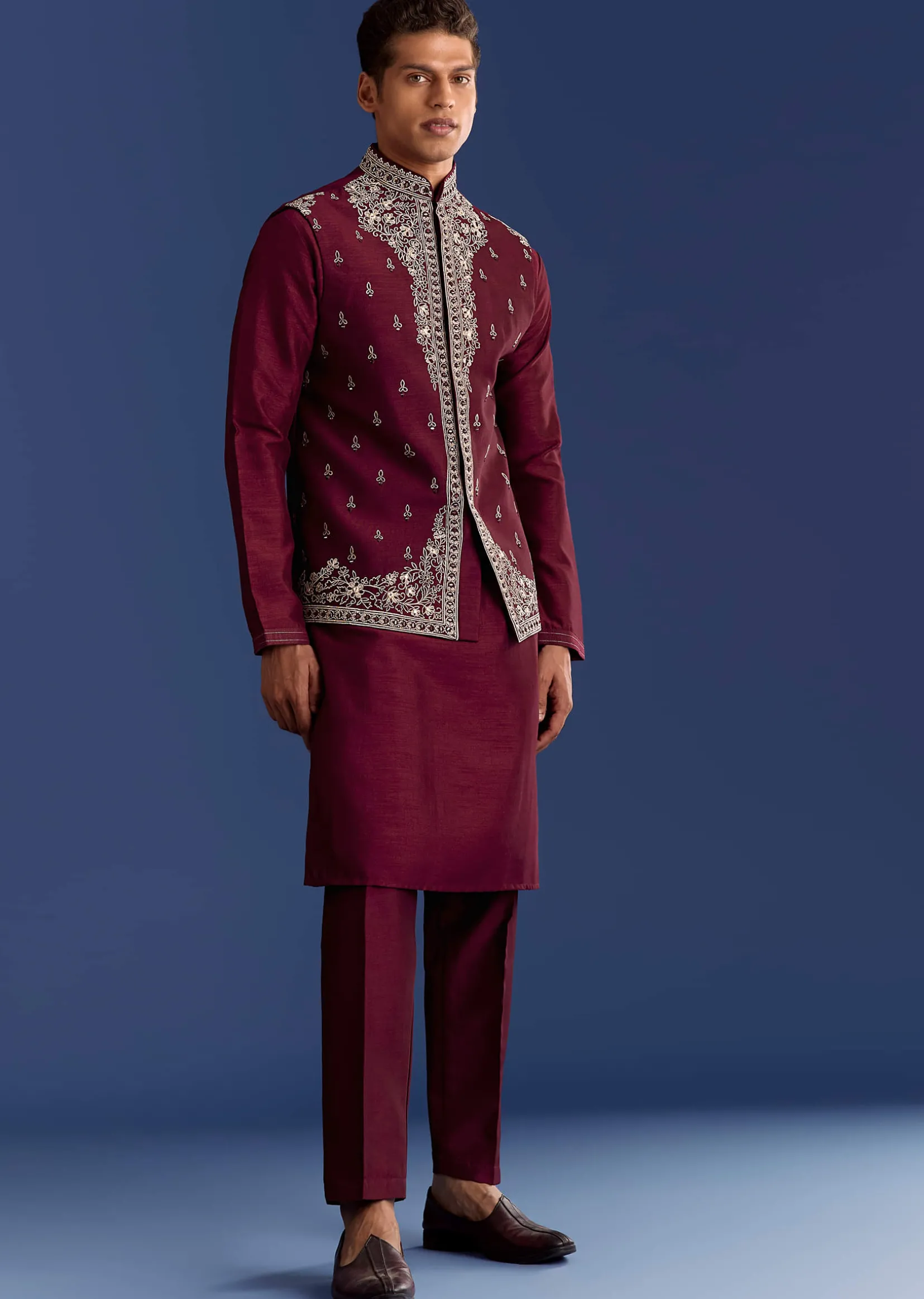Red Cotton Silk Kurta Jacket Set With Mirror And Thread Work