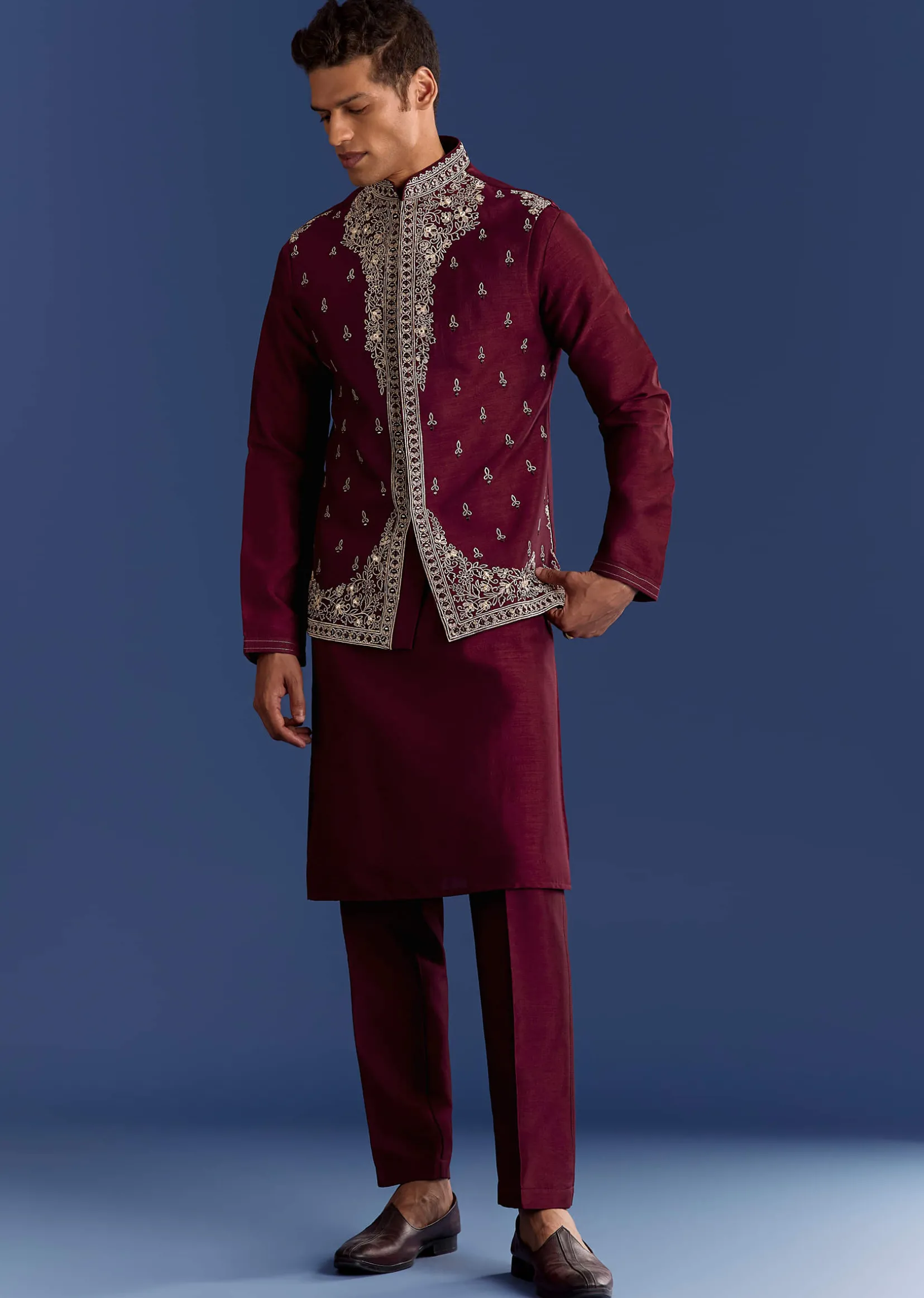 Red Cotton Silk Kurta Jacket Set With Mirror And Thread Work