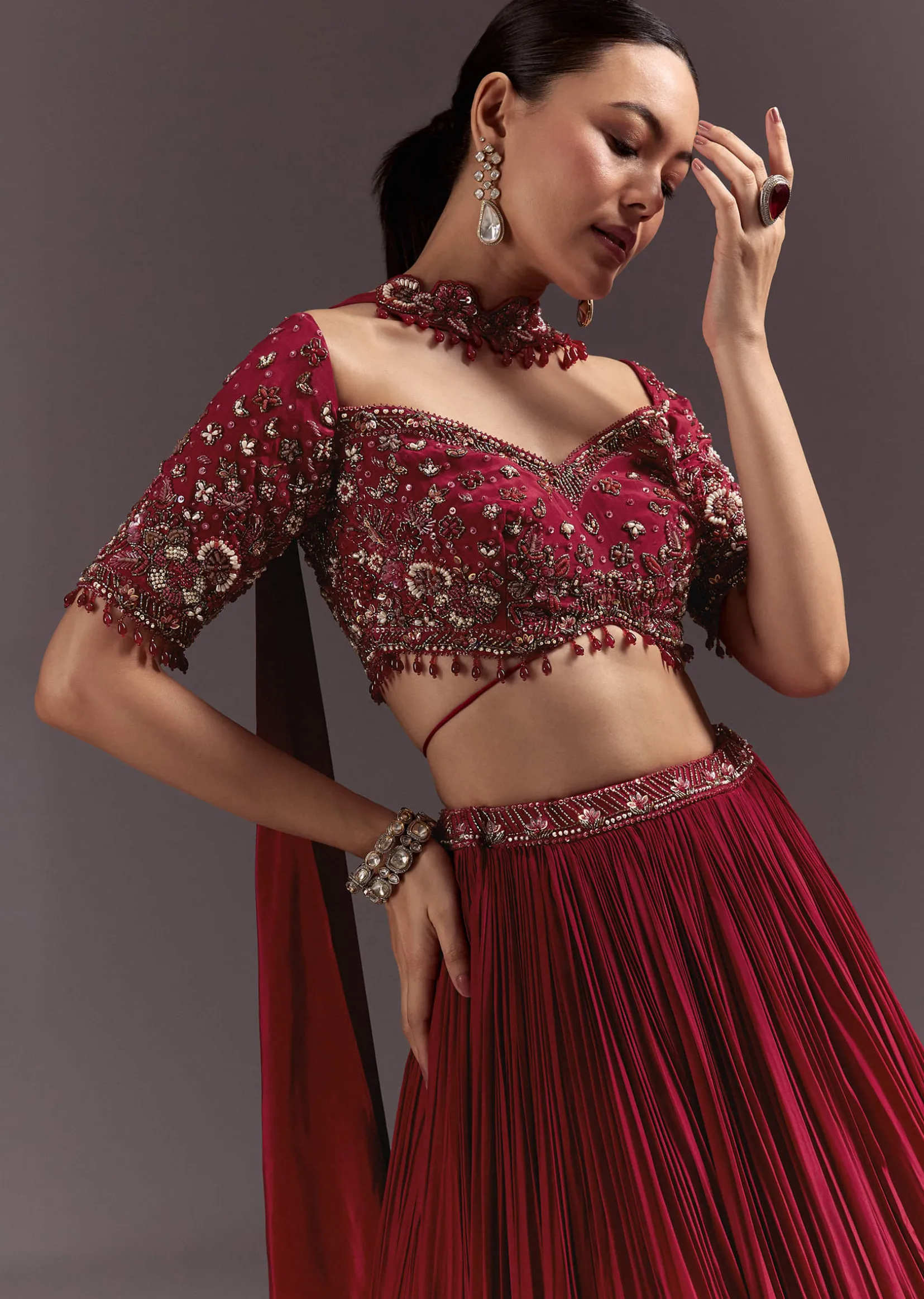 Red Crepe Hand Embroidered Lehenga Set With Dupatta