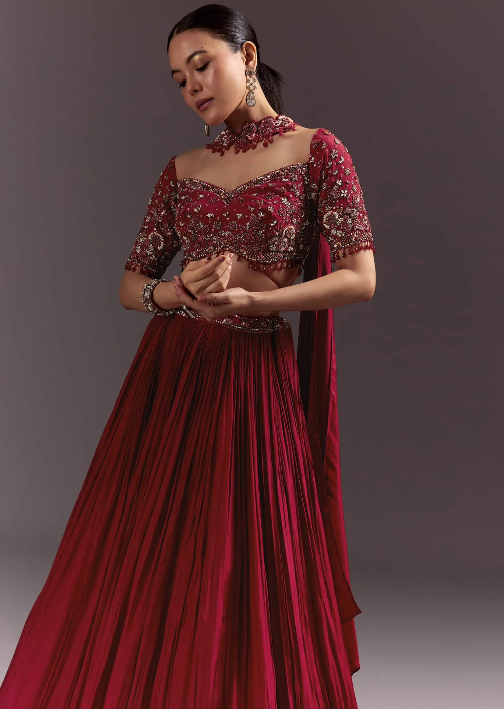 Red Crepe Hand Embroidered Lehenga Set With Dupatta