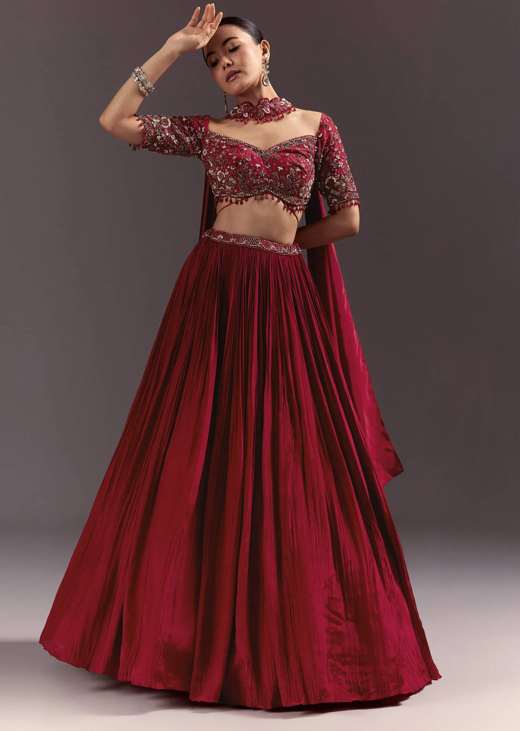 Red Crepe Hand Embroidered Lehenga Set With Dupatta